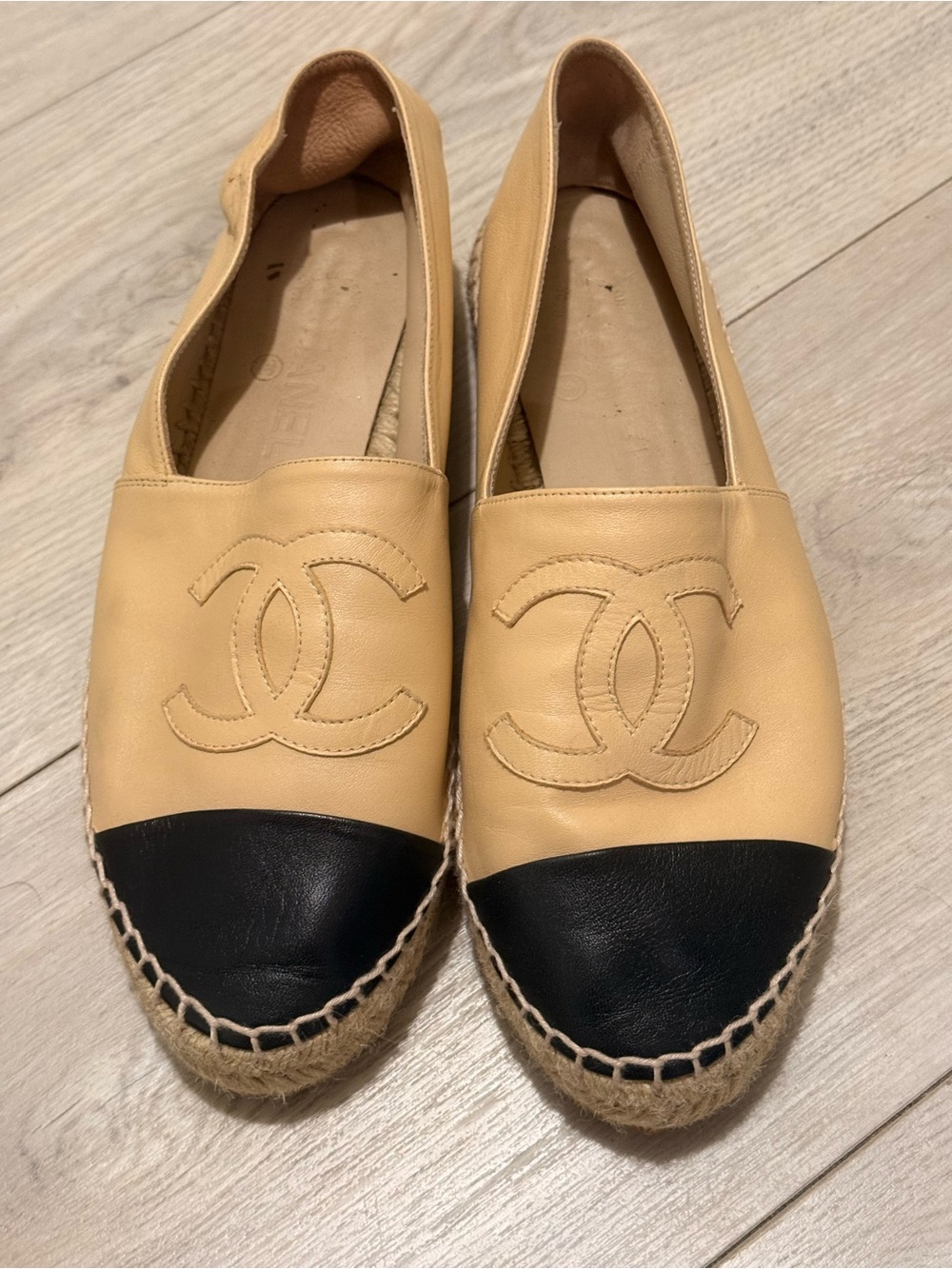 CHANEL Beige Leather Espadrilles with Black Cap Toe